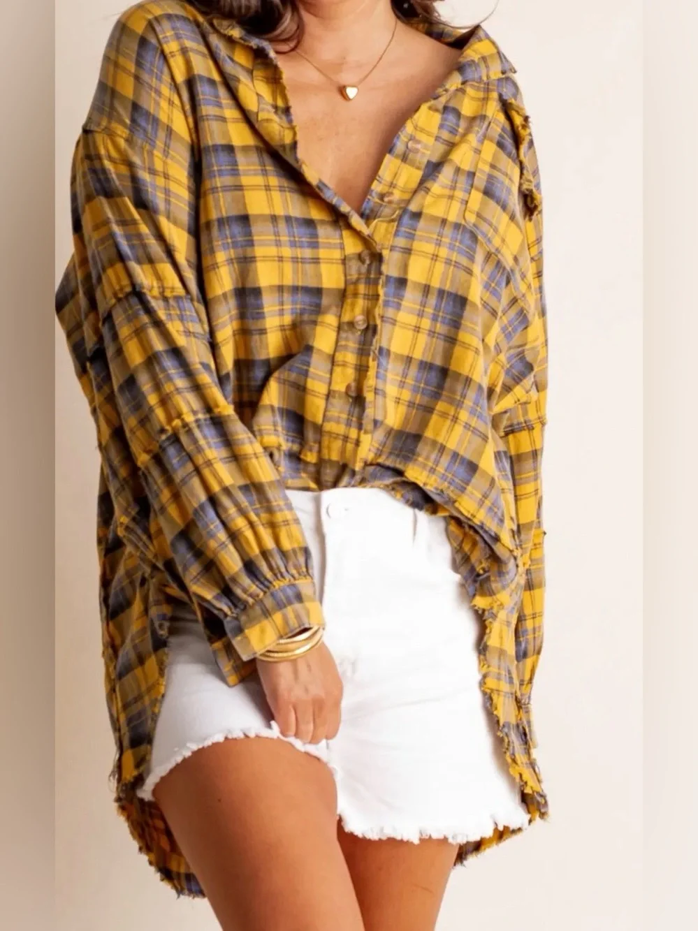 Easel Yellow Plaid Oversized Shacket Button Front Distressed Flannel Top Large - Picture 4 of 8